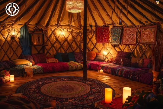Cozy and Romantic Interior of a Mongolian Yurt at Night