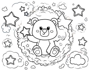 A cute bear sitting on a star holding a star , black and white drawing , simple background with stars and clouds , coloring page