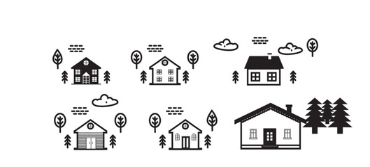 Minimalist Black and White Wooden House Icons with Trees and Clouds – Vector Illustration