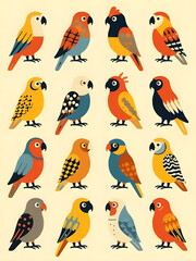 A collection of colorful parrot illustrations showcasing diverse species on a neutral cream background.