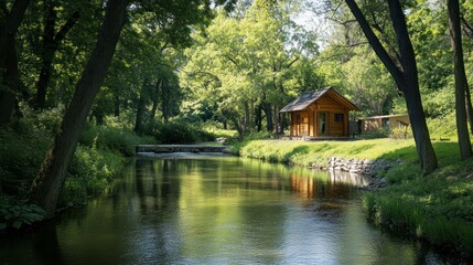 Obraz premium Secluded wooden cabin retreat beside a serene river surrounded by lush greenery