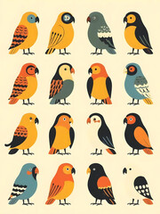 Obraz premium Colorful, stylized birds of various species are depicted in a charming illustration.