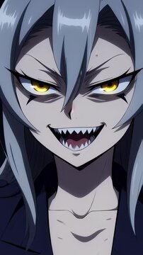 Vertical video of girl in the anime style smiles maliciously