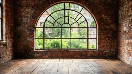 Interior features arched window and weathered brick in spacious room