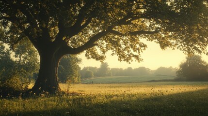 A serene sunset scene with a large tree standing tall in a field, surrounded by soft grass and warm golden light.