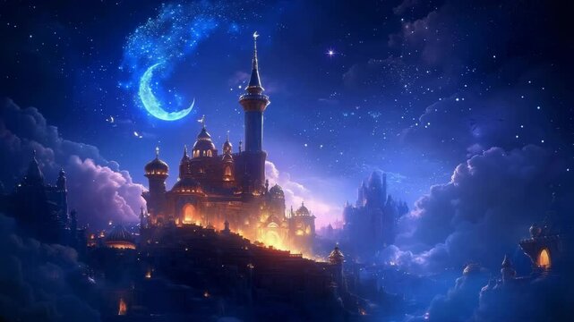 Fabulous Arab palace on the background of the starry night sky with the moon, oriental architecture