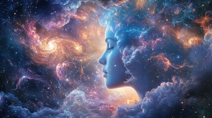 A cosmic silhouette reflects the beauty of the universe, merging human form with swirling galaxies and vibrant colors in space.