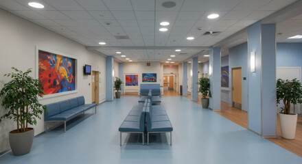 Modern Hospital Waiting Area with Blue Seating and Wall Art