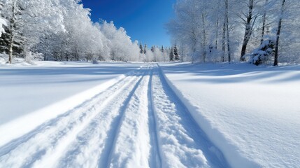 Obraz premium Winter wonderland trail. A pristine snow-covered forest path under a brilliant blue sky. Crystal-clear snow, freshly-made ski trails, and tall, frosted trees. A serene, sunlit winter landscape