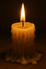 A close-up shot of a lit candle with wax slowly dripping down the sides, pooling at the base