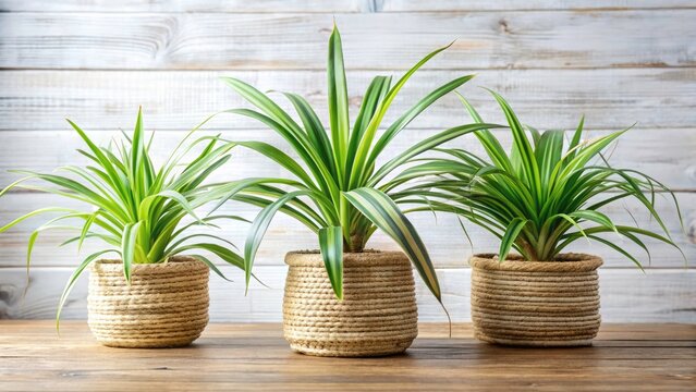 Stunning Dianella Plant Photography: Braided Straw Pots, Wooden Background, Long Green Leaves, Striped Foliage, Aerial View
