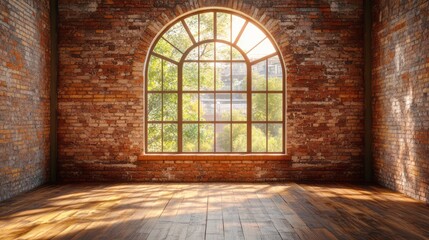Fototapeta premium Light streams through large window onto wooden floor and bricks
