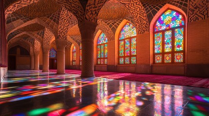 Obraz premium A beautifully designed mosque interior featuring vibrant stained glass windows casting colorful reflections