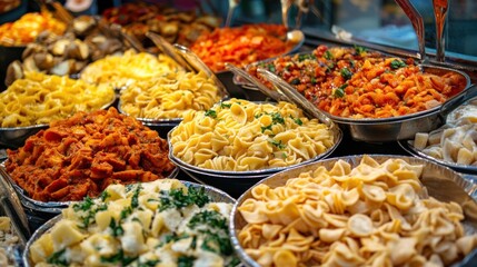 Assorted pasta dishes in metal bowls