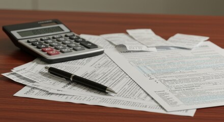 Tax Calculation Setup with Forms, Calculator, and Pen on Wooden Desk