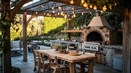 Naklejka premium A beautifully designed outdoor kitchen with a stone pizza oven, wooden dining table, and twinkling string lights overhead, perfect for summer gatherings
