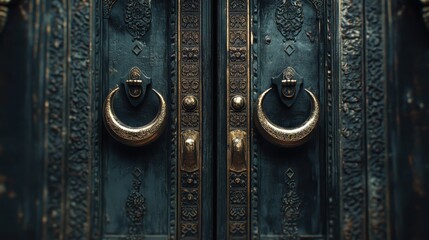 A beautifully detailed mosque door with brass knockers shaped like crescent moons