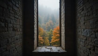 Fototapeta premium Autumnal Forest View Through a Historic Building's Narrow Window