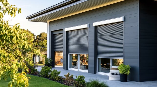Urban modern house with roller shutters closed for sun protection, exterior design focused on simplicity and function