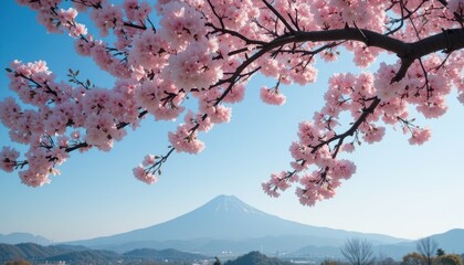 Stunning Cherry Blossom Tree in Full Bloom Against a Majestic Mountain and Clear Blue Sky