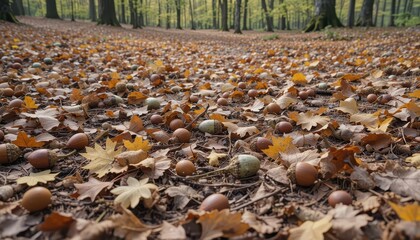 Obraz premium Autumnal Forest Floor A Stunning View of Fallen Leaves, Acorns, and Twigs