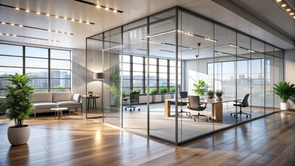 Minimalist Modern Office Studio, Bright Sunlight, Large Windows, Glass Partitions, Empty Room Design