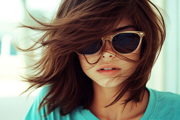 Close-up of hair lifted by beach wind, smiling girl staring at bright, distant horizon