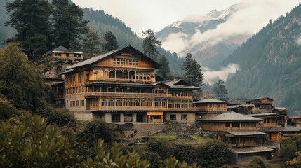 A boarding school building nestled in the mountains, featuring traditional wooden architecture