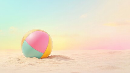 Obraz premium Beach and Play Escapades. Pastel Beach Ball on Sandy Beach at Sunset