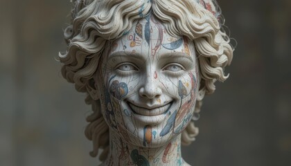 Reimagined Classical Sculpture Graffiti Smiley Face and Abstract Patterns