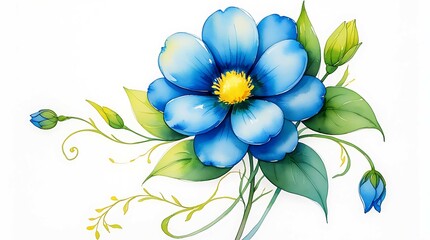 water color flower, blue flower isolated on white background, green leaves isolated on white background