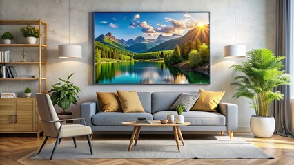 Modern Living Room Canvas Mockup: Neutral Tones, Sleek Furniture, 3D Frame Landscape Photography