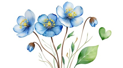 Obraz premium water color flower, blue flower isolated on white background, green leaves isolated on white background