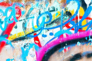 Vibrant urban graffiti with neon blue, pink, yellow. Modern 2000s, Y2K style, abstract design, colorful splashes. Street art, urban decor, creative banner, digital art.