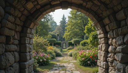 Obraz premium Rustic Stone Archway Framing a Misty Autumn Garden View