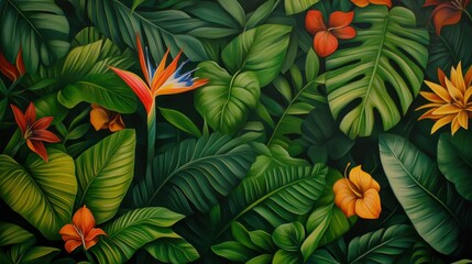 Lush tropical foliage, vibrant flowers.