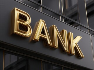 Obraz premium Modern Golden Bank Sign on Urban Building Exterior