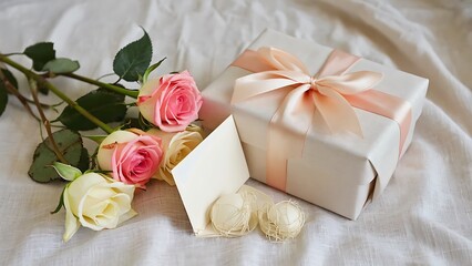Gift box and roses on fabric background