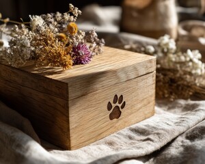Wooden box with paw print and dried flowers on textured fabric. Pet loss and memorial product.
