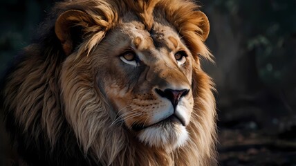 Fototapeta premium Close-up portrait of an adult lion.Majestic lion with impressive mane resting in dry savannah grass. Majestic lion with impressive mane showing powerful features and piercing gaze. African wildlife