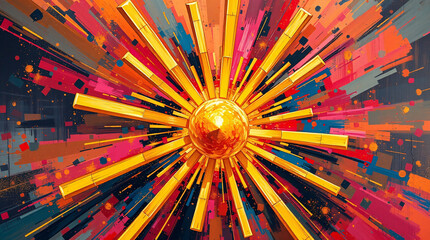 "Golden sunburst explosion of gold bars from a radiant central orb, abstract wealth energy blast, colorful glitch background, 3D surrealism, digital finance concept"