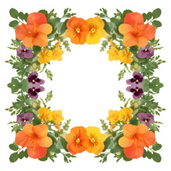Vibrant Floral Frame with Orange and Purple Flowers for Design, isolated on transparent background.
