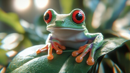 Fototapeta premium Close-up of a vibrant red-eyed tree frog on a lush leaf