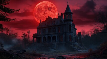 Obraz premium Haunted Mansion Under Blood Moon