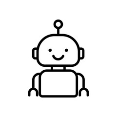 Minimalist black and white line icon of a robot assistant. 