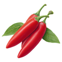 Fresh Red Peppers with Green Leaves on a White Background, isolated on transparent background.