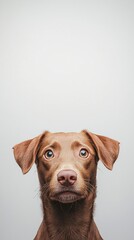 A close-up portrait of a brown dog with expressive eyes, set against a simple background, conveying curiosity and warmth.