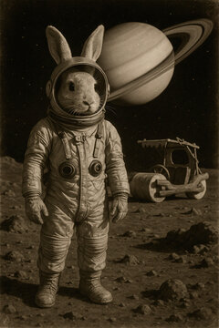 a picture in the 1950's style, old, of an easter bunny as an astronaut in Saturn, with a flintstones style spaceship on the background. Make it look realistic.