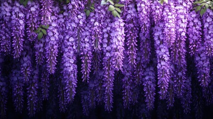 A cascading wall of wisteria flowers creating a magical purple tunnel.
