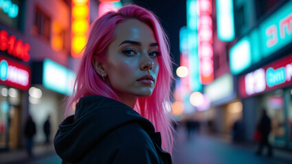 A young woman with pink hair gazing thoughtfully at the camera amidst a cityscape of illuminated signs. The scene is full of energy and beauty